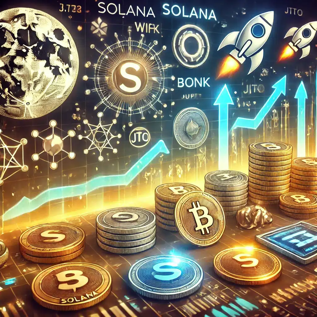 A detailed in-article image showing the price movements of Solana and associated altcoins like Dogwifhat (WIF), BONK, Jupiter (JUP), Jito (JTO), and H