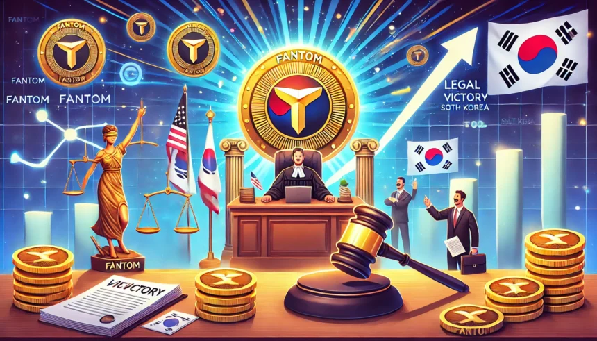 An exciting scene depicting Fantom (FTM) altcoin's legal victory in South Korea. Include visuals of a court, the Fantom logo, and elements indicating