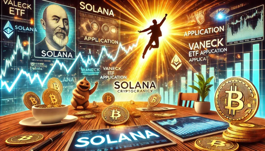An exciting scene showing the Solana cryptocurrency surging in value. Include elements like digital graphs showing a sharp rise, the Solana logo, and