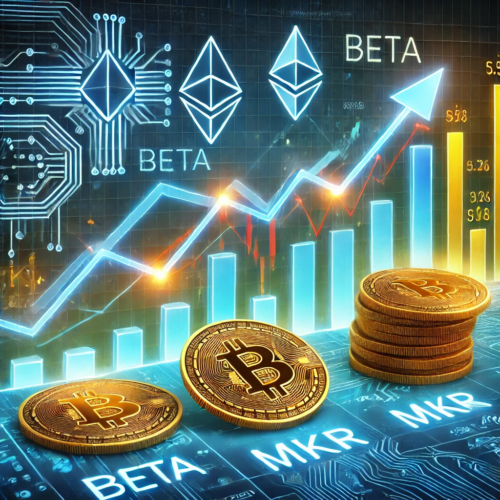 Visual representation of the BETA and MKR tokens showing significant price increases with upward trend lines and digital coin symbols