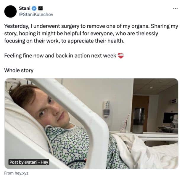 AAVE Founder Stani Kulechov Undergoes Surgery, Issues Health Warning to Crypto Founders 