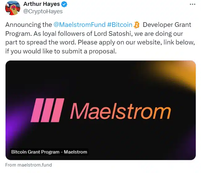 Arthur Hayes Bitcoin Grant Program: $250k per Developer Set to Boost Network Development