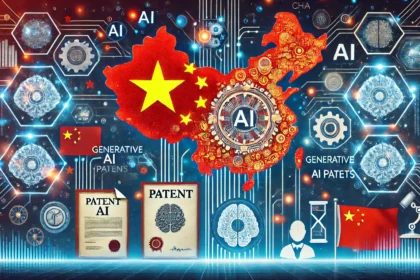 An illustration showing China's flag integrated with AI and technology symbols, representing China's leadership in generative AI patents. Include elem