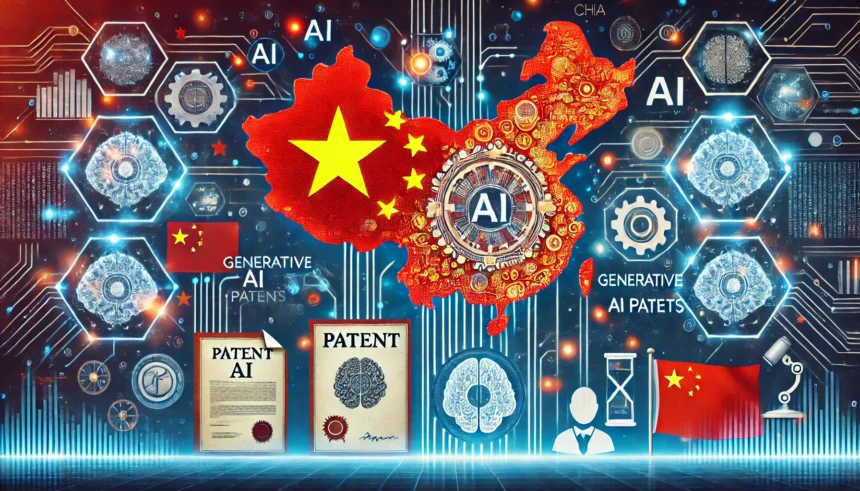An illustration showing China's flag integrated with AI and technology symbols, representing China's leadership in generative AI patents. Include elem