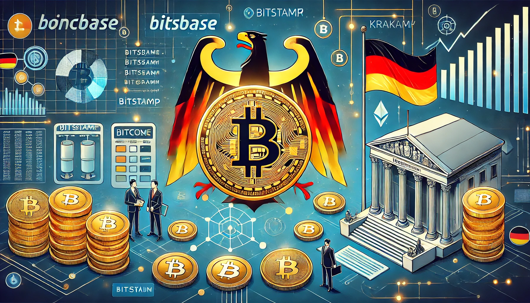 German flag and Bitcoin symbols, representing Germany's involvement in Bitcoin transactions. Include elements of major cry