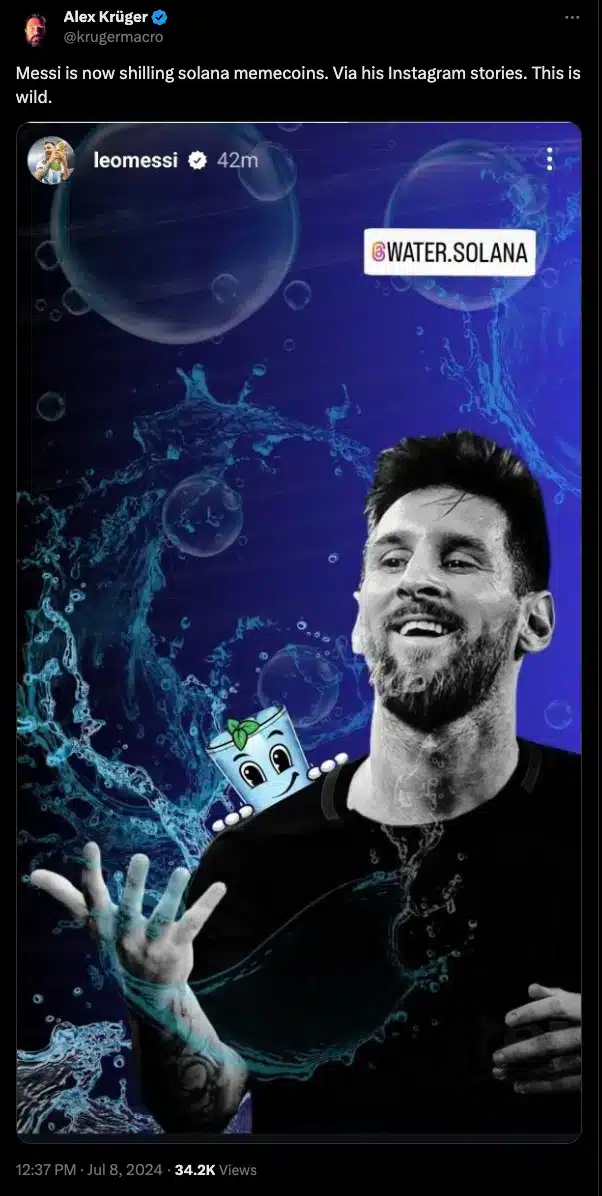 Lionel Messi Promotes Solana's Water Memecoin on Instagram: The Next Big Thing in Crypto?