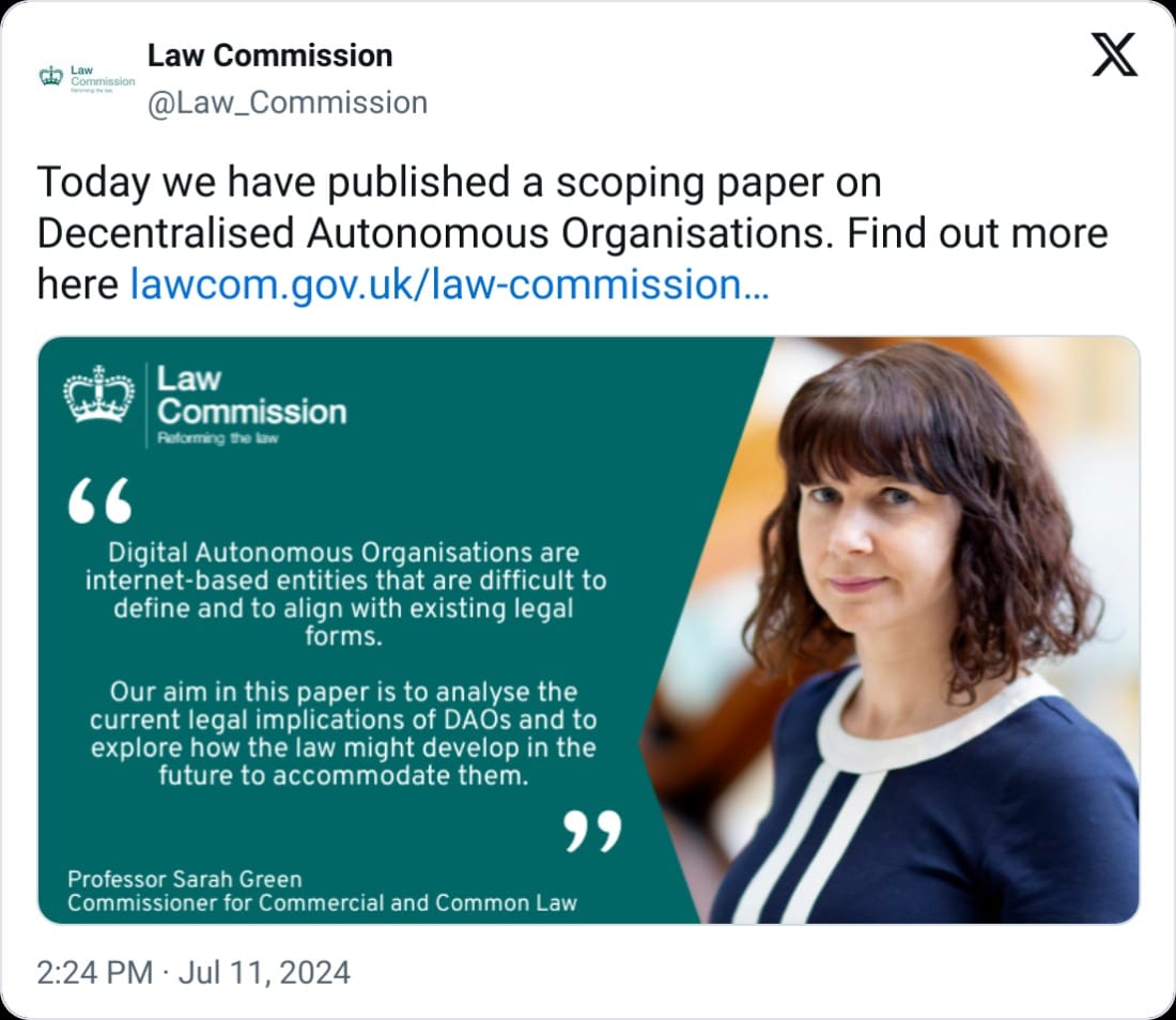 UK Law Commission sees No DAO-Specific Legal Entity. Source: Law Comission