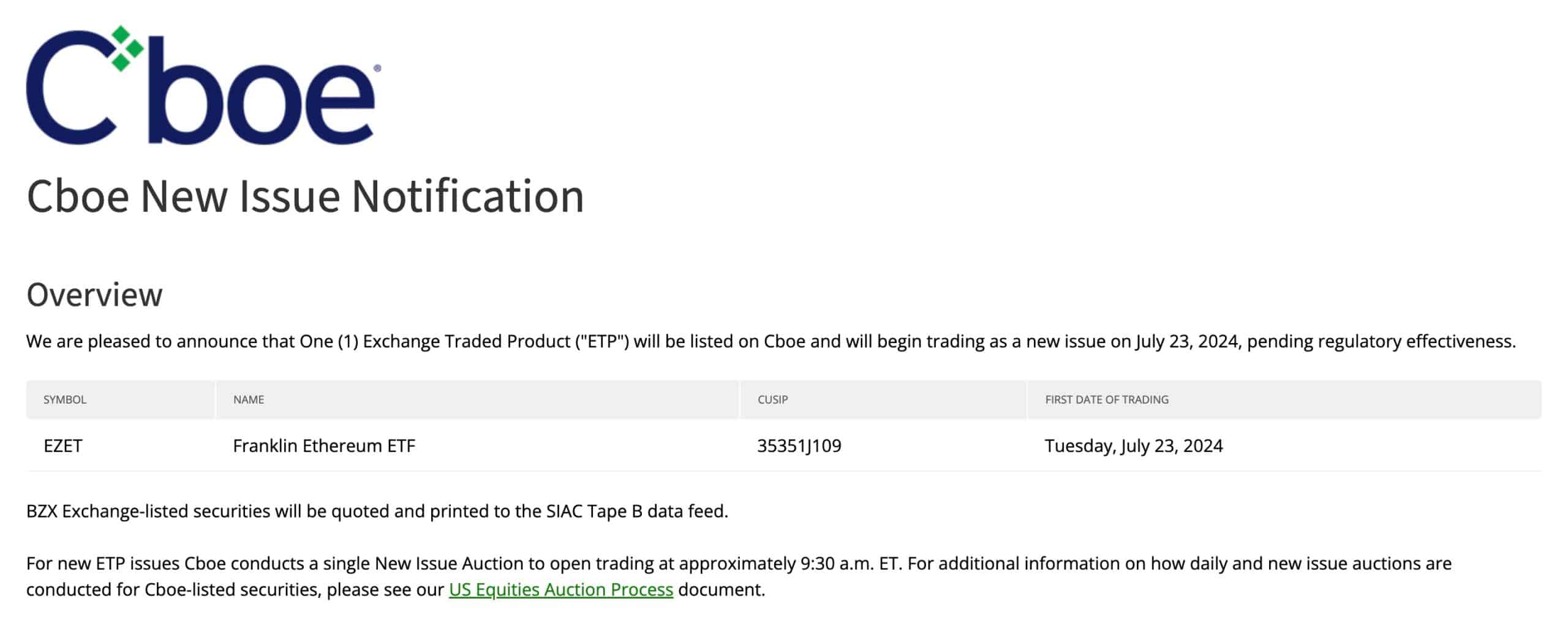 New Issue Notification from CBOE regarding Franklin Templeton's Ethereum ETF. Source: CBOE.