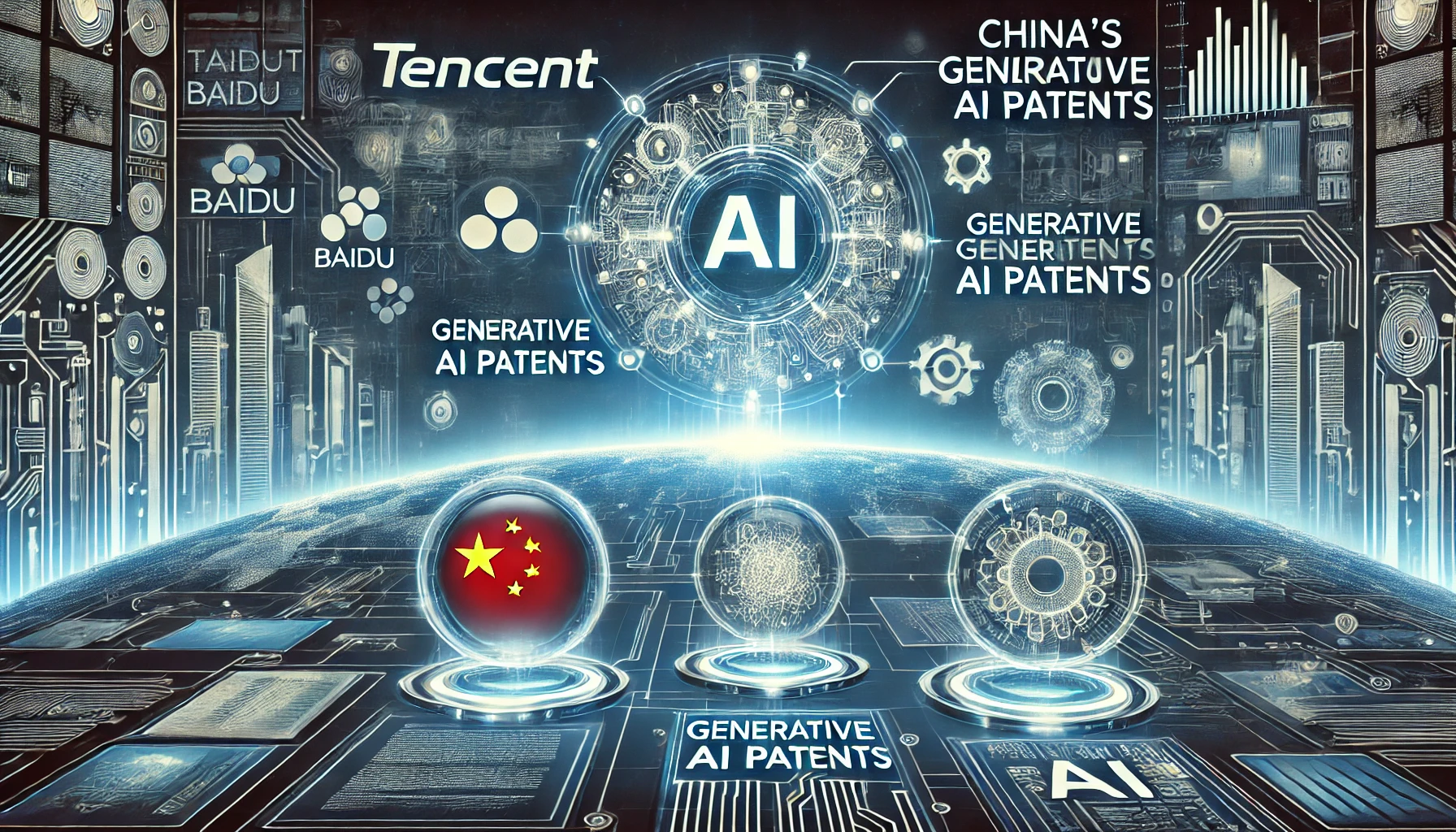 illustration showing China's dominance in generative AI patents. Include Chinese tech company logos like Tencent and Baidu, patent documents, and A