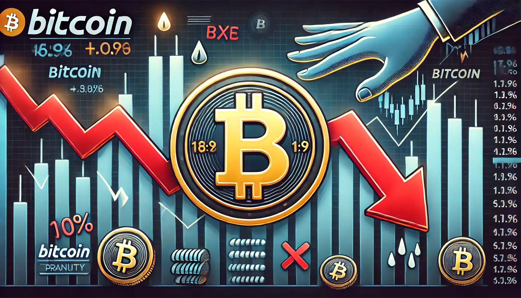 Bitcoin's price fluctuations due to market panic. The image should include a Bitcoin symbol, a downward price c