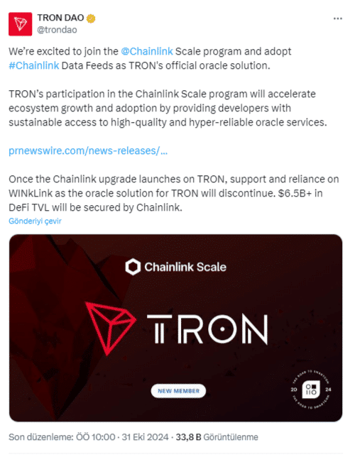 Eine wichtige Partnerschaft wird enthüllt: TRON DAO und Chainlink schließen sich zusammen! = The Bit Journal