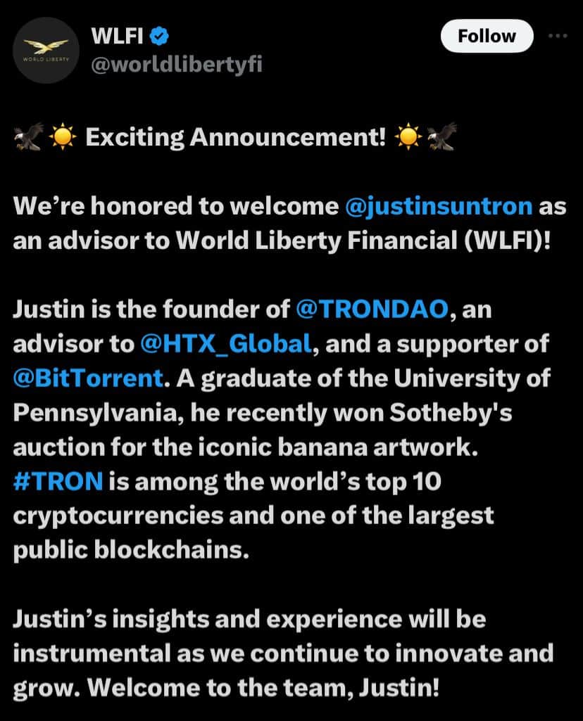 Justin Sun Joins Trump-Backed World Liberty Financial After $30M Investment