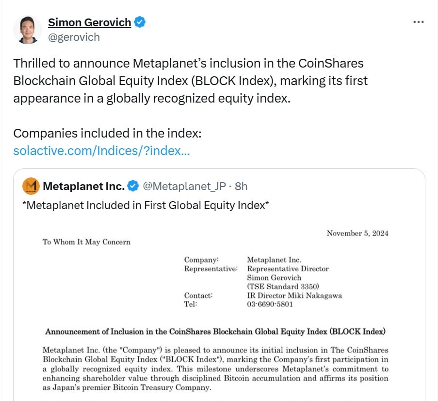 Major Win For Metaplanet As It Joins CoinShares Index – What This Means ...