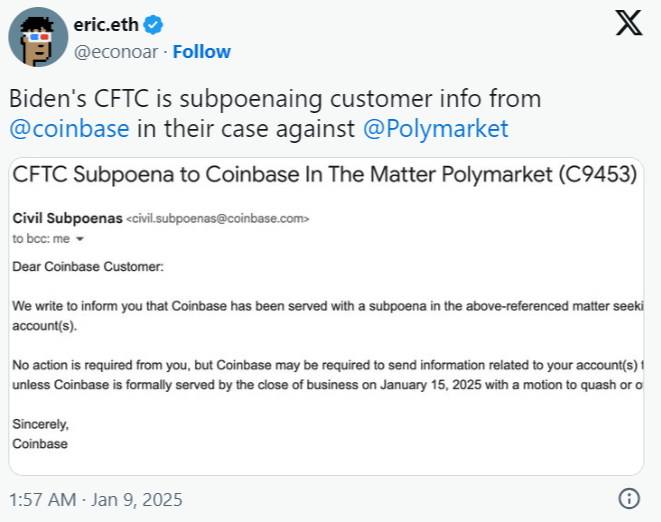 Coinbase Faces CFTC Subpoena Over Polymarket Investigation = The Bit Journal