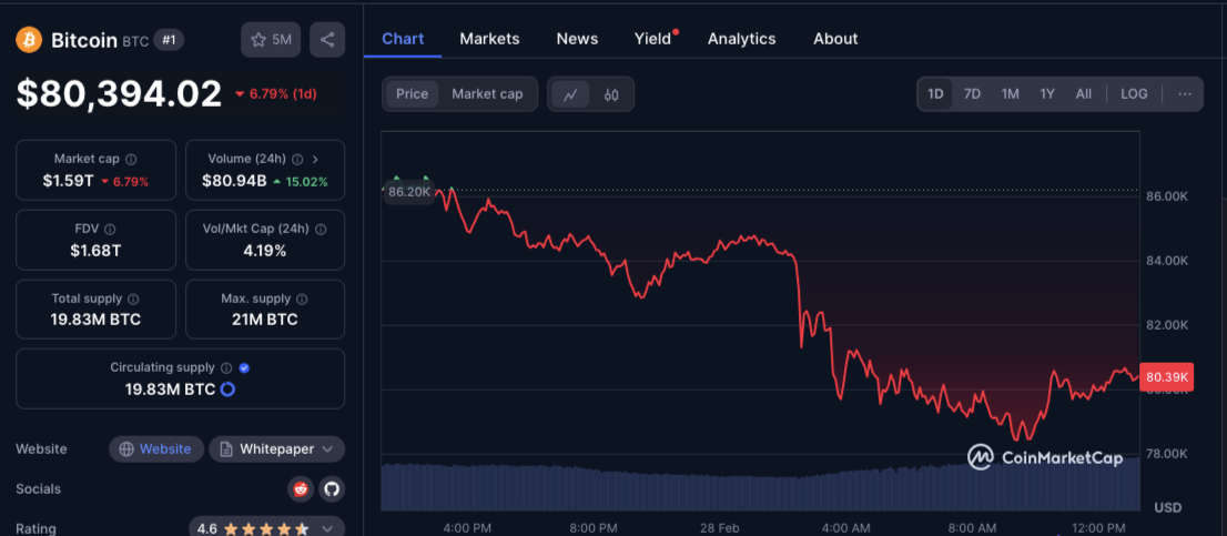 Bitcoin Price Falls to $80K