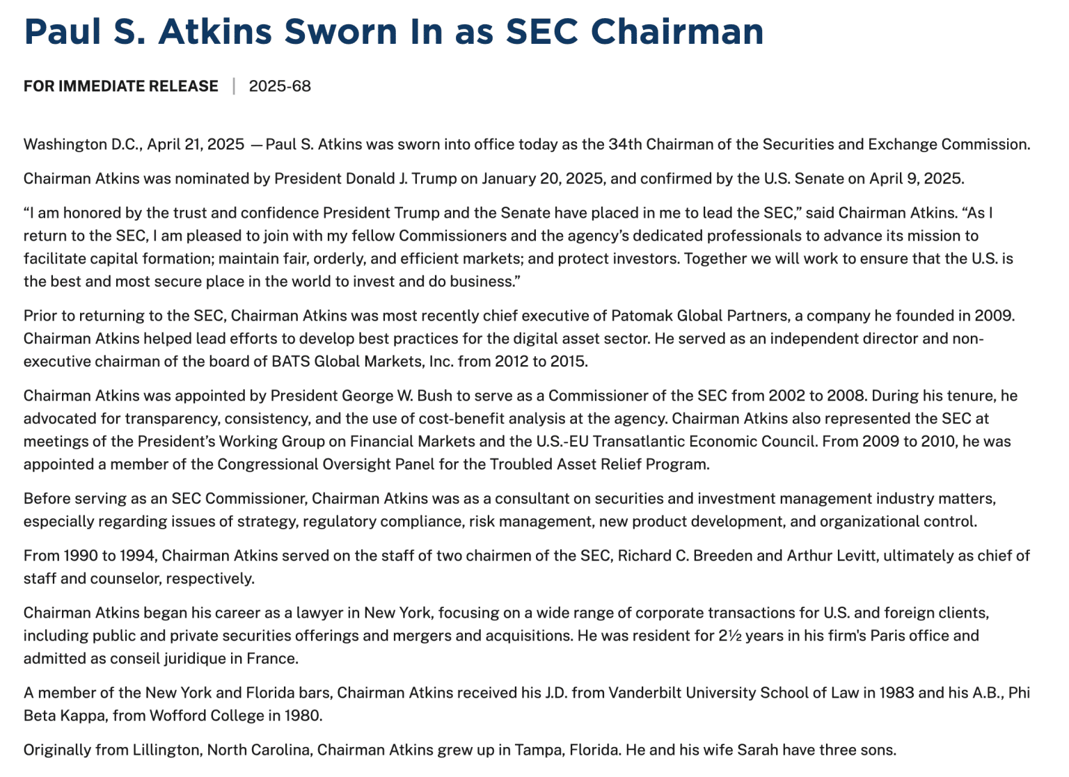 Paul Atkins Sworn In as SEC Chair, Backs Crypto 