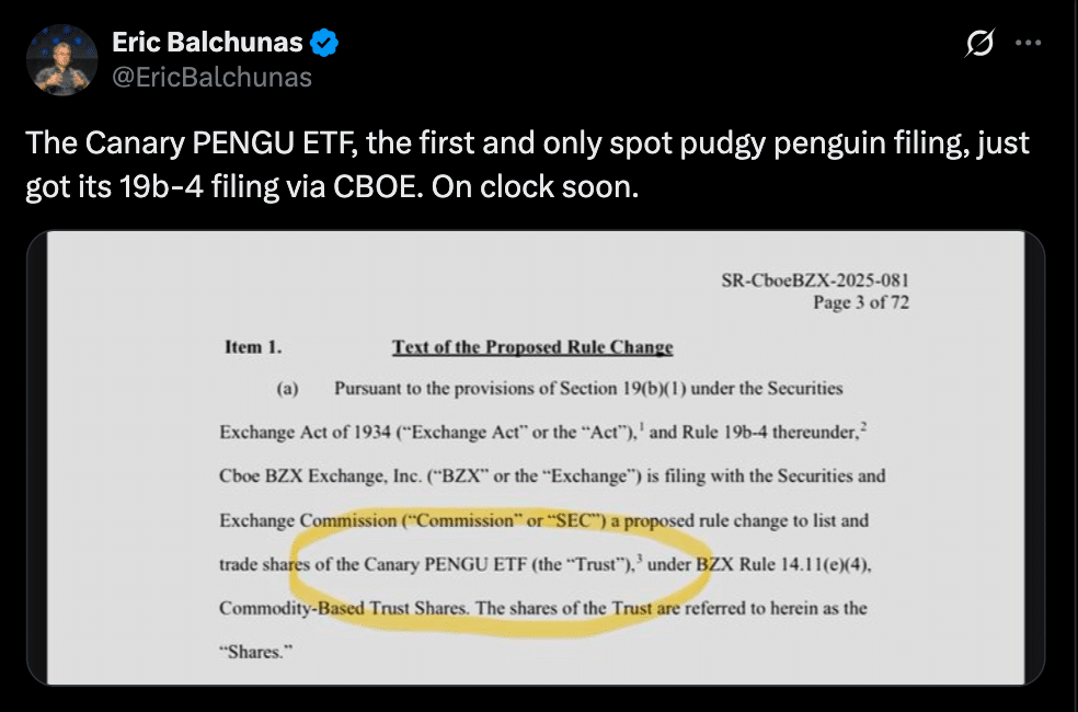 BREAKING: CBOE Submits Canary PENGU ETF Filing to SEC, Merging Meme Coins with NFTs 8 Canary PENGU ETF