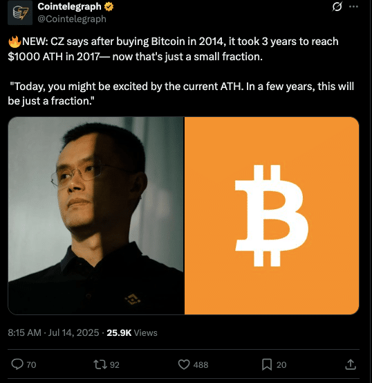 Bitcoin Price Hits $122K How CZ Predicts Even Bigger Gains Ahead 1 Changpeng Zhao