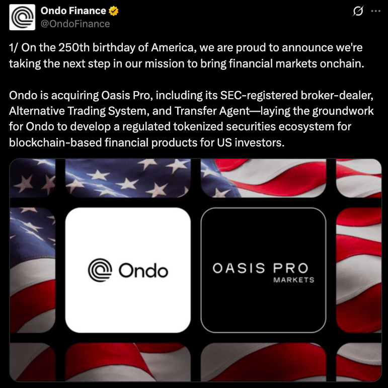 BREAKING: Ondo Finance Acquires SEC-Licensed Firm to Bring Tokenized Assets to the U.S. 8 Ondo Finance Acquires Oasis Pro