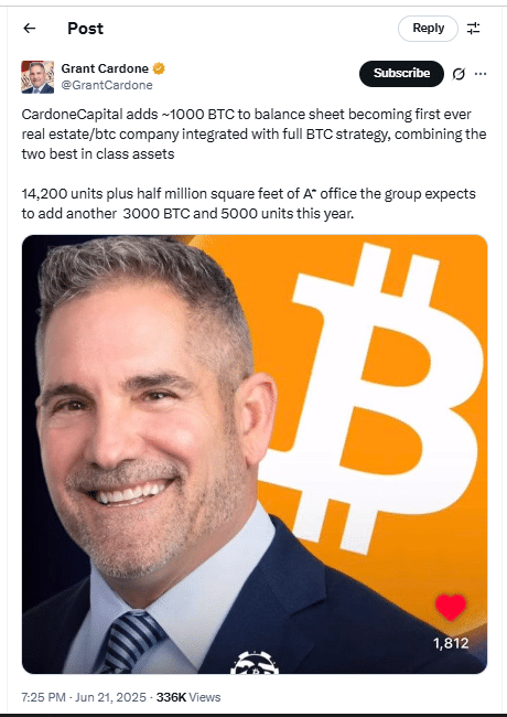 Cardone Bitcoin Purchase