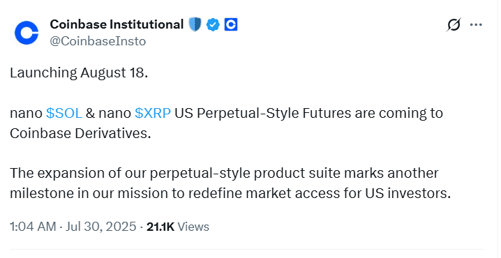 Nano XRP and SOL Perpetual Futures: Coinbase Gutsy Decision for U.S. Crypto Derivatives 8 Coinbase nano SOL